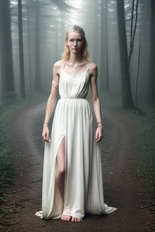 Beautiful 20 year old Blonde princess, tall slender figure, freckles, standing with arms behind back, long white dress torn exposing breasts, small breasts, crown, bracelets, armbands, crying, fog, forest, dark, night, 64k <lora:dpmg_princess_carry:1>