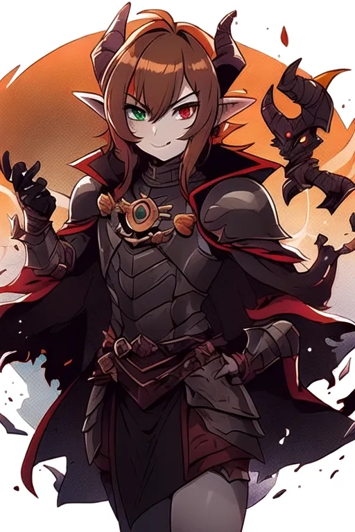 best quality, masterpiece, solo, solo guy male tiefling, golden brown hair, golden brown color hair, curled horns devil, androgynous haircut, imp demon , dark paladin, battle axe wielder, warrior, warrior of hell, demon tiefling, hell red power, curled horns, illrigger, armored, 1 male tiefling only, demon, flat chest, posh , leather armor, well groomed, elf ears , jackal imp creature , horns, armored jacket, solo, sharp jagged tail, humanoid, heterochromia, green eye, red eye, determined look in eyes, masterpiece, colorful shirt, short length hairstyle single strand of hair curls on top of head, antenna hairstyle imp demon, ,cute look in eyes, imp demon ,red horns, heterochromia, masterpiece anime style