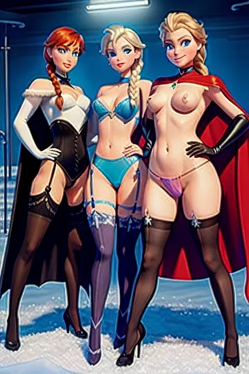 digital painting of,(Elsa and Anna)topless wearing micro thong, stockings, gloves, choker, cape, surrounded by guards, frozen,sharp focus,studio lighting,