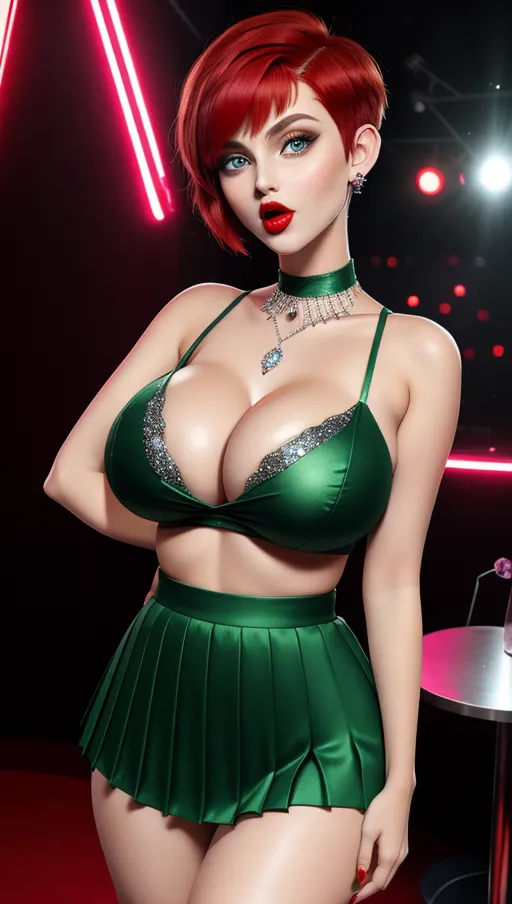 Gorgeous young European woman, photo attractive young face, big wide doe eyes, light colored eyes, sexy stare, full red lips, mouth open, tongue out, licking lips, huge gigantic boobs, ((gigantic tits)) bright red hair, (short messy pixie haircut) sexy, (slim waist) (thin) (sexy nightclub outfit) green pleated mini skirt, diamond choker, diamond earrings, photorealistic, best quality, ultra high resolution