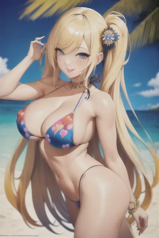 best pic, master piece, 1 girl,painted on bikini, sexy ,blonde ,long hair, smiling both arms in her hair, breast, hard nipples,flirty ,sticking tongue out at you, happy ,