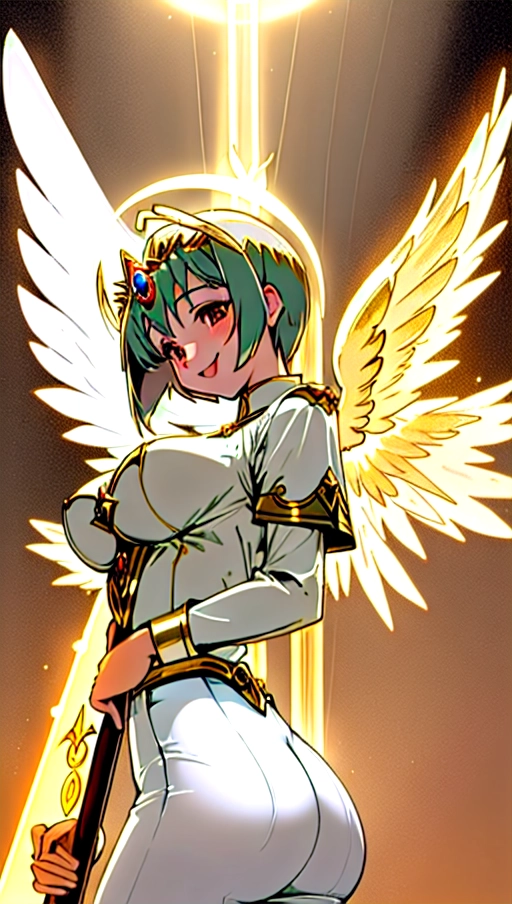 a 64k high detailed photo of Female Goddess with clothing, HDR, Professional, Highly Detailed, ((In pants))) ((In Shirt)) ((Has Attire)) Godly Ultra Detailed Best Quality Most Detailed ((Angel Wings)) Angelic Lighting Love Hope Magic casting Smiling Queen happy Glory Warrior Angels Angelics Positivity Happiness ecstasy enraptured sweaty saving God Royalty Morality Goodness True Good Power Force Authority Ethical Saviour Halo short Hair Always and Forever Sentimental in heat hot ultra hot best best lighting tantric Neutral Brilliant Logical Compassionate Perfect Perfection Exciting Integrity Winged Courage Purity Harmony Beauty mark on upper lip ((Female)) Ethereal Lighting Celestial Lighting (((With Clothes))) ((With God Item)) ((God Tech)) (God Technology) with items of power God Wings ((Afterlife Light)) (Perfect Tits) (Perfect Ass) (Perfect Body) (Perfect Anatomy) (Love Worship) ((God Light)) ((God Staff))) ((God Weapon)) (Spirituality) (Erotic) (Pinup) (Romance) (Smiling) ((Happy expression)) ((Angelic Glow)) ((((Has Clothing On))) accessories