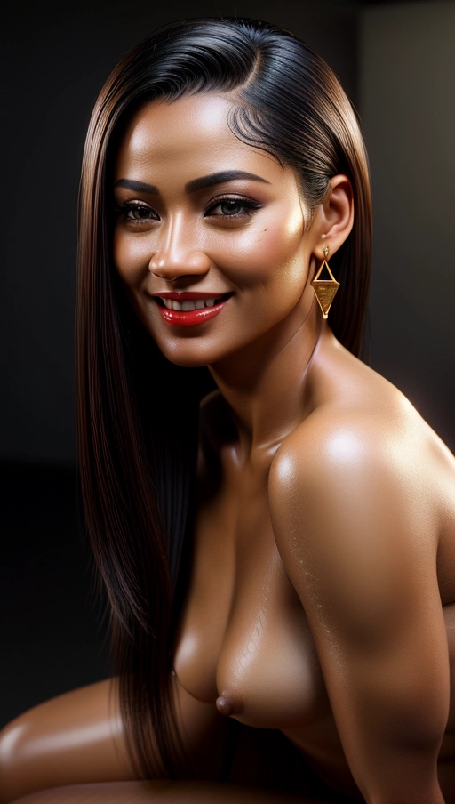 8k High resolution photoreal detailed portrait photography of beautiful woman, dark straight hair, big amber eyes, petite waist, firm ample breasts, firm little ass, high cheekbones, long black eyelashes, black eyeliner, red lips, wearing golden earrings, wearing a mesh night dress,
natural skin,
High Definition skin, high definition hair, smiling, happy expression, (laughing), (establishment shot),
(<lora:dpmg_add_detail:0.8>), cleavage,
detailed glossy eyes, beautiful lips, detailed face, detailed textured skin, photorealistic, realistic detailed hair, pretty teeth, textured imperfect skin, sweating lightly, realistic pretty feet, (accurate realistic eyes), realistic teeth, realistic mouth, pubic hair, realistic skin color, realistic skin tone,realistic hair color, realistic hair tone, five realistic pretty fingers, five realistic toes per visible foot,accurate skin color, accurate skin tone,accurate hair color, accurate hair tone, (accurate hair cut:1), (accurate facial shaped:1),(detailed anus:1) (detailed innie vagina:1),
pretty teeth, textured skin, (pores),
(8k RAW photo), (best quality), (masterpiece:1.3), (photo-realistic), studio lighting, rim lighting, hair highlighted, UHD, Nikon Z5, (50mm lens), f2.8, sharp focus, tack sharp, dof, film grain, Fujifilm XT3, (bokeh), subsurface scattering, focused, intricate detailed background, dramatic pose, dramatic pov, dramatic angle, dramatic lighting, cinematic composition, (cinematic lighting), HDR, (highest quality:1.8), highest resolution, (photo-realistic:1.72)
--s 200 --v 5.2