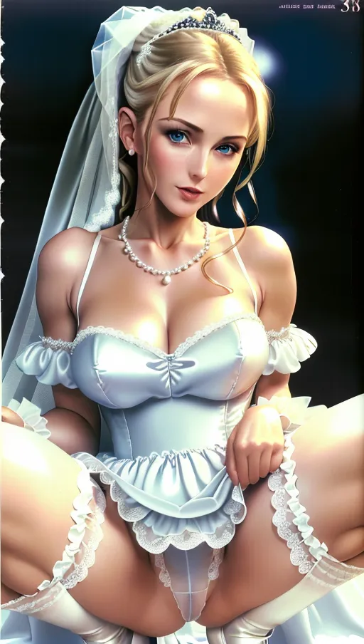 best quality,35 years old, mature, bride, pussy, squatting, inner thighs, nude, blue eyes, pony tail, lingerie store, sexual, white satin sheer wedding dress,((crothless satin pantie)), satin ruffle background, showing pussy, pussy, long pearl necklace, (satin collar dress), (long satin ruffle sleeves)