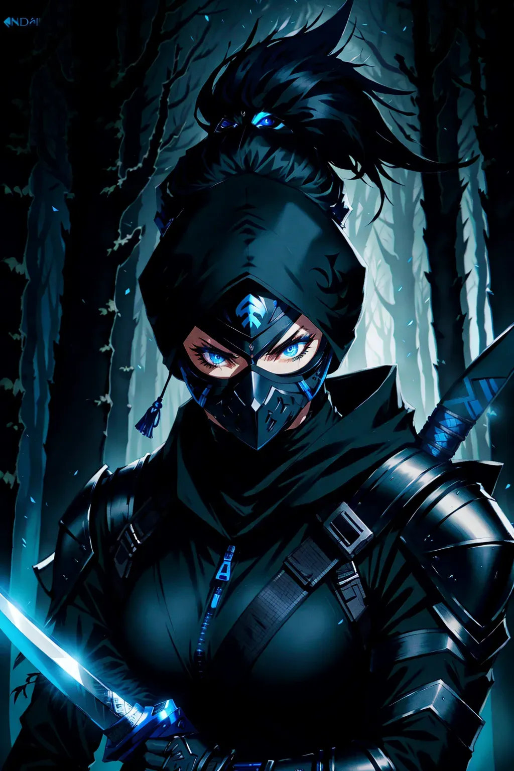 Ninja, full face mask, black, blue glowing accents, with a sword, female, 8k wallpaper, best quality, ultra hd, global lighting, hi-resolution, high quality, highly detailed, in a dark forest