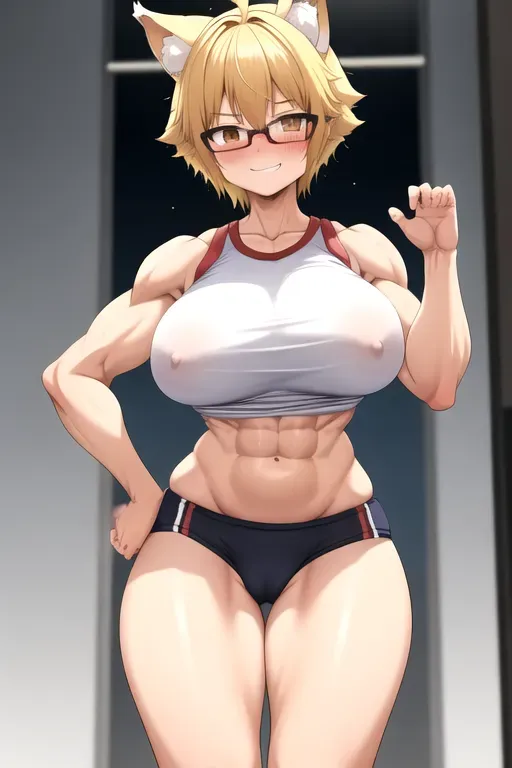 tomboy,glasses,small boobs,gym clothes,blush, butt,5 feet tall,pussy showing, wolf ears,wolf tail,gym,blonde hair,huge hips,smirk,short hair,muscular,workout