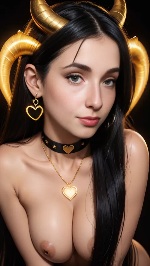best quality, (((ultra high res))), (detailed face and eyes), hearts, perfect face, big choker, golden earrings, jewelry, ((face closeup)), glowing heart, golden heart necklace, black hair, topless, succubus, horns, big heart pasties, straight hair, all fours