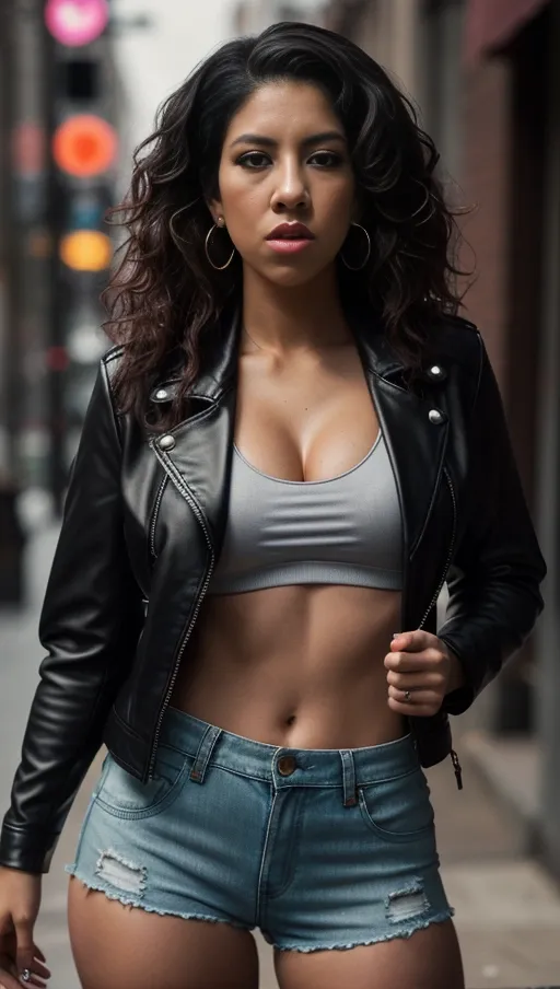 A striking image features a thin sexy Rosa Diaz from Brooklyn 99, long curly hair, standing dominantly in the precinct. Topless under an open leather crop jacket and matching unzipped short shorts, she is holding her jacket open to reveal her boobs, a commanding aspect to her posture. The scene is set against a minimalistic, cool-toned background with soft lighting that highlights the glossy textures of her outfit.