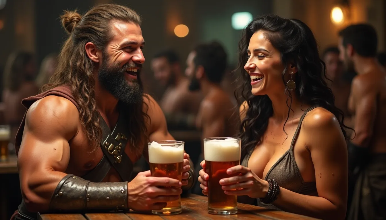 A professional photograph,
((1 man is a (strong:1.4) barbarian (24)), he wears his barbarian outfit, ((laughing)), ((extremely muscular:1.3)) and athletic, messy long hair),
((1 hot woman is a (strong:1.4) (barbarian) (28)), ((laughing:0.9)), (she wears her (sexy) barbarian bra, (((sideboobs:1.3) (underboobs:1.3)))), ((extremely muscular:1.3)) and athletic, (freckles:1.3), highly detailed skin, messy long hair, ((perfect perky breast)), barbarian wrist, relaxed),
they are seated in a crowded tavern and drink pints of beer, they look drunk, each character has a pint of beer, fantasy,
cinematic composition, photon rendering, UHD, HDR, (warm colours), (highest quality:1.8), highest resolution, (photorealist:1.72), (photorealism:1.72), (masterpiece:1.18)