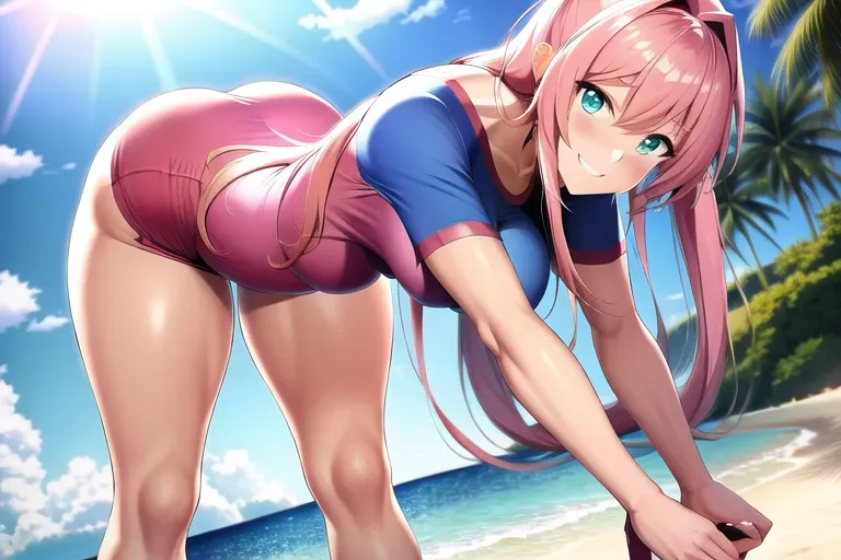 wide shot, 20 year old, an anime girl, athletic, t-shirt, pink, beach, day time, sunlight, happy, 8k, professional