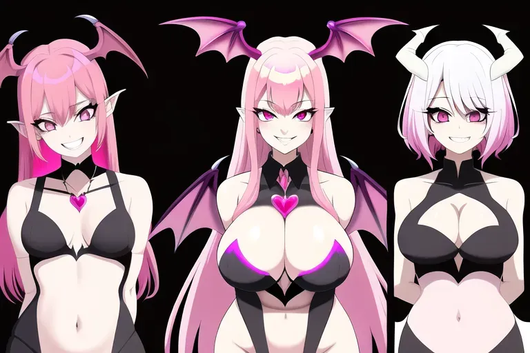 Tall dominant woman with devil horns and bat wings anime girl with pink hair and pink eyes, smile, multiple angles, giggling, high quality, happy smile, one person, succubus