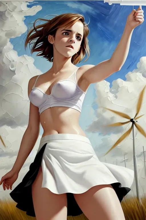 Emma Watson is wearing a skirt, the painting shows the perspective from underneath her, her whole panties are fully visible, she is wearing a very short top that reveals the top of her breasts as well as her nipples, wind is blowing and lifts the skirt to show her wet white panties