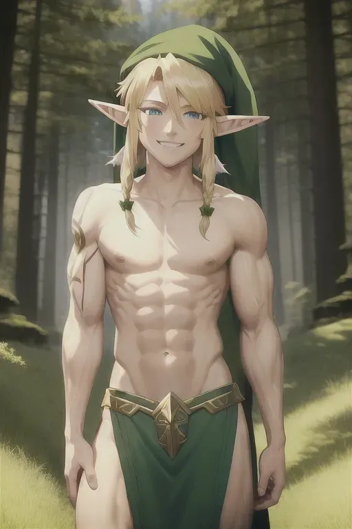 Hylian, young male, blonde hair, long ears, ear piercing, woods, naked, muscular, smiling, green elf hat