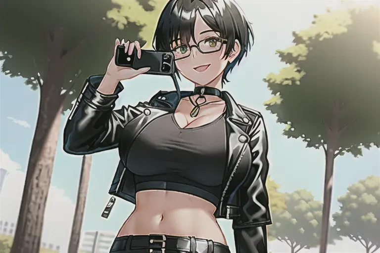 a girl with big breasts, short black hair, green eyes, glasses, choker necklace, smiling, black crop top, leather jacket, skintight shorts, in a park, taking a selfie