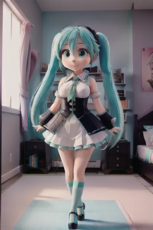 Hatsune Miku, giant breasts, pale skin, looking at viewer, miniskirt, high heels, cleavage, in bedroom