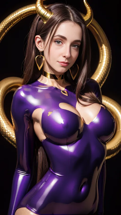 best quality, (((ultra high res))), (detailed face and eyes), hearts, perfect face, big choker, golden earrings, jewelry, (face closeup), purple glowing heart, (golden latex bodysuit), latex Arms, latex decollete, golden latex, purple heart necklace, brown hair, topless, succubus, horns, tail, snake coiling, heart pasties, straight hair