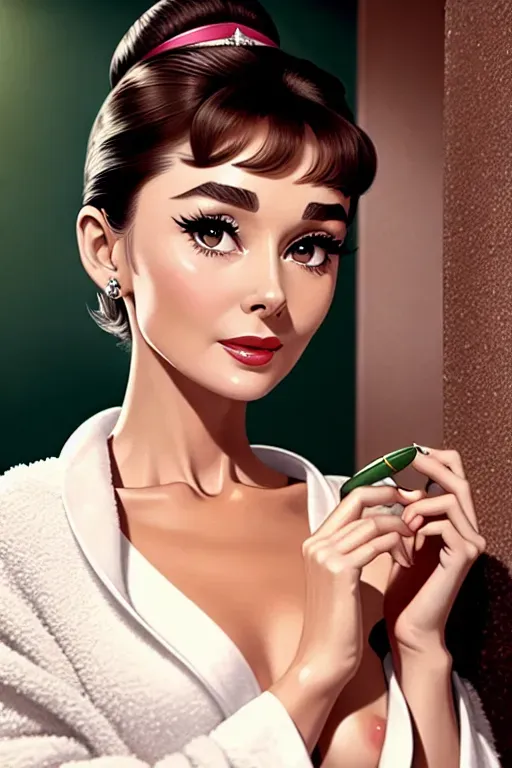 an illustration of Audrey Hepburn, in open bathrobe, two breasts exposed, in the bathroom, small breasts, five slender fingers, short hair, beautiful face, beautiful lips, green eyes, curved eyebrows, curved eyelid, pussy exposed, bushy pubic hair, pale skin, shy, professional, smooth, ultra realistic, sharp focus