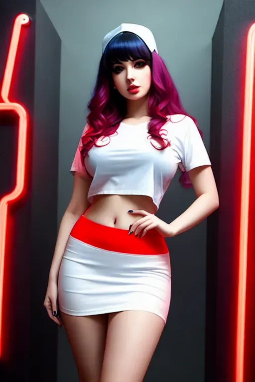 A full length HD illustration of, trans porn star ((Bailey Jay)), accurate face, detailed face, (wearing a long white tee),over a red bra, and (jean skirt), facing camera, flirting, editorial, sharp Focus, high detail, professional lighting, retro future, neon