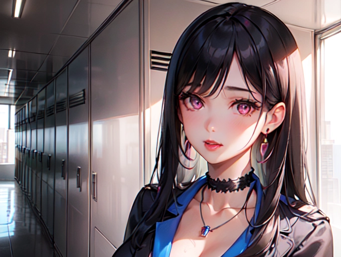 photorealistic, 8k, accurate face, (((detailed face))), (((replicate inspiration face))), full figure shot, shining eyes, female face, cute, 21 years old gorgeous, luxuriously long black hair, lipstick, bangs, large breasts, choker, necklace, pendant,
wearing pink stewardess outfit, in locker room,