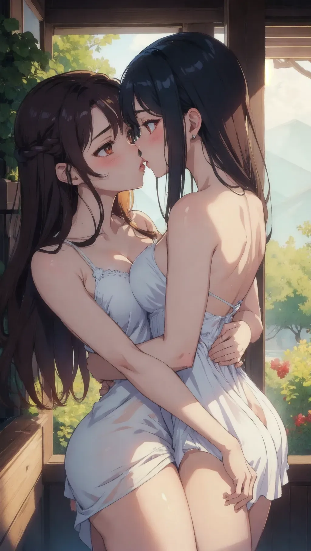 (nsfw), (masterpiece), smooth, soft lines, soft edges, perfect edges, (soft lighting), (soft glow), perfect anatomy, detailed background, hair with great details, perfect eyes, perfect face, view from behind, (closeup),
2girls, (((yuri))), (kiss), flushed cheeks, tall girl and short girl, cute sundress, affection,
erotic, sensual, romantic, ethereal elemental