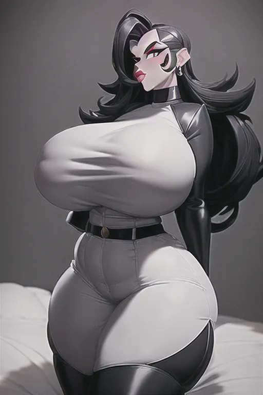 (Master piece), Demora Avarice, in her bedroom, wearing a tight white shirt, a black bram, a black mini short, lustful face, thick lips, (chubby body, bbw) curvy body, huge ass, wide hips, (((gigantic breasts, huge tits, massive breasts))) <lora:dpmg_add_detail:1> <lora:dpmg_3d_rendering:1>