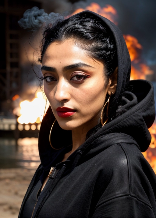 (skinny goth Golshifteh Farahani:1.11),
(black makeup, black eyeshadows, red lips:1.13),sideview,(focused:1.2),
(accurate face, photorealistic face,perfect face,detailed face:1.27),
serious,(in dense smoke, strong thunder, vivid flames and fire in background:1.3),(wearing black hoodie:1.1),
(face close up:1.25),
uncensored,
HDR, UHD, 64K,
Highly detailed,
Vivid Colors,
Studio lighting,
Professional,
Unreal engine,