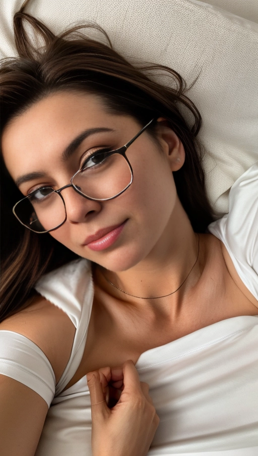 Close-up of a realistic girl with shoulder-length brown hair wearing a white T-shirt lying on a bed, holding the camera in her right hand to take the photo of herself.