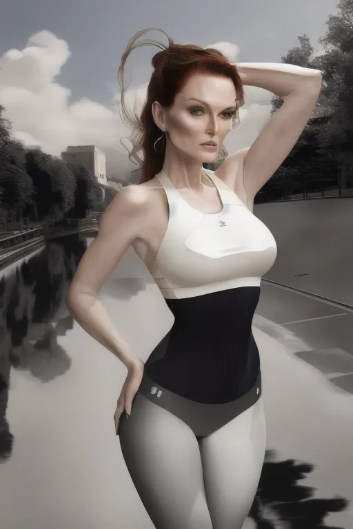 Paparazzi photo, Sexy lady, Hair tied in a knot, Julianne Moore, Perfect body, Wearing black denim treggings, White tight fitting silk long sleeved shirt. (masterpiece), (best quality), (ultra-detailed), illustration, disheveled hair, detailed eyes, perfect composition, moist skin, intricate details, (bokeh)