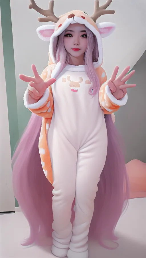A girl with lots of cum over her face, long hair, wearing a fuzzy deer onesie, full body