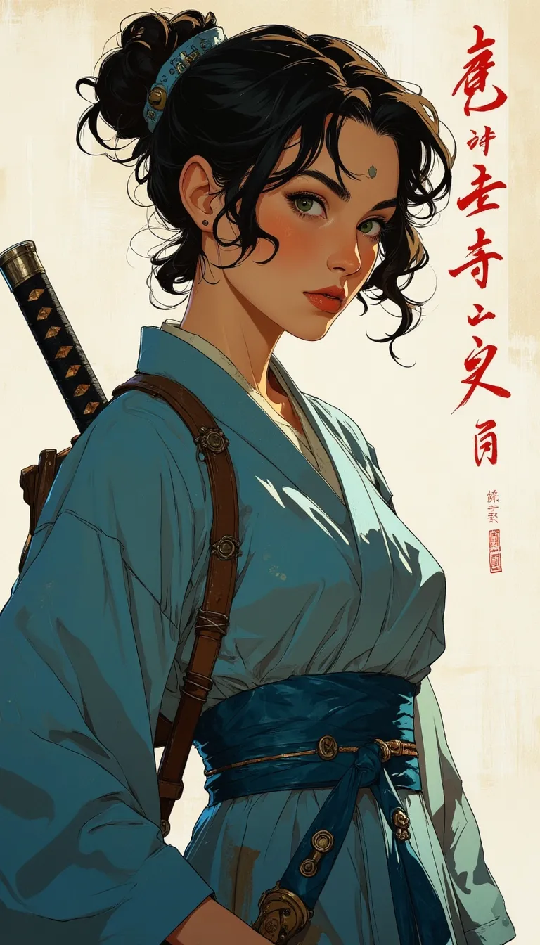 Anime style. This is a digital illustration in a semi-realistic, anime-inspired style, depicting a young woman with a serious, determined expression. She has dark, tousled hair tied up in a bun with loose strands framing her face. Her skin tone is a warm, medium brown, and she has almond-shaped eyes with a slight Asian slant. She is dressed in traditional Japanese attire, specifically a blue kimono with intricate folds and textures, suggesting a soft, lightweight fabric. The kimono is cinched at the waist with a wide, blue obi sash, adorned with silver and gold accents. Over her shoulder, she carries a katana sword with a traditional, curved blade, its hilt wrapped in black leather and adorned with silver details. The background is minimal, consisting of a plain, off-white canvas, which helps to focus attention on the subject. On the right side of the image, there are vertical Japanese characters in red ink, adding a cultural touch to the piece. The overall color palette is dominated by blues and whites, with the occasional splash of red from the characters and the sword's hilt. The image conveys a sense of strength and readiness for action, typical of a warrior or samurai.