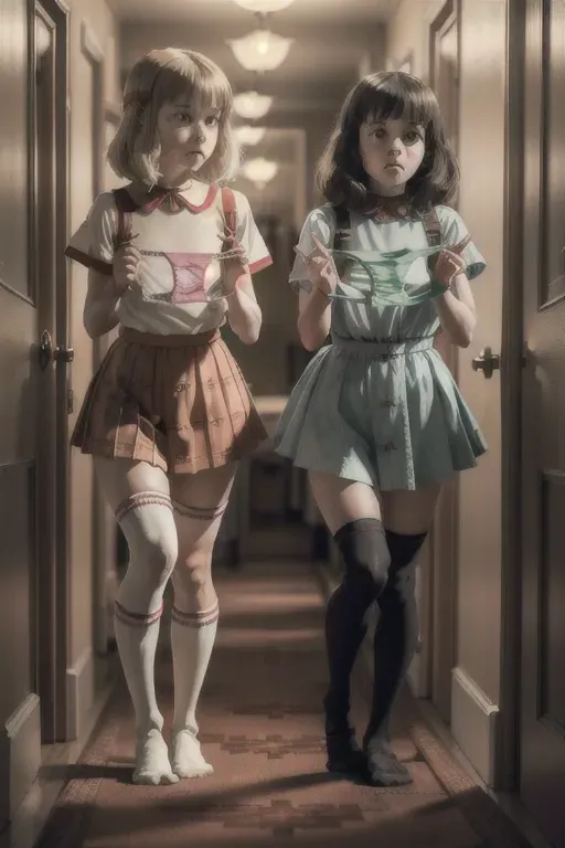 <lora:dpmg_presenting_panties:1> 2girl, presenting panties, striped panties, masterpiece, best quality, highly detailed, young The Grady Twins, in The Shining movie hotel hallway, 8k, pouting, standing together, knee-high socks, carpet, high resolution, shameful