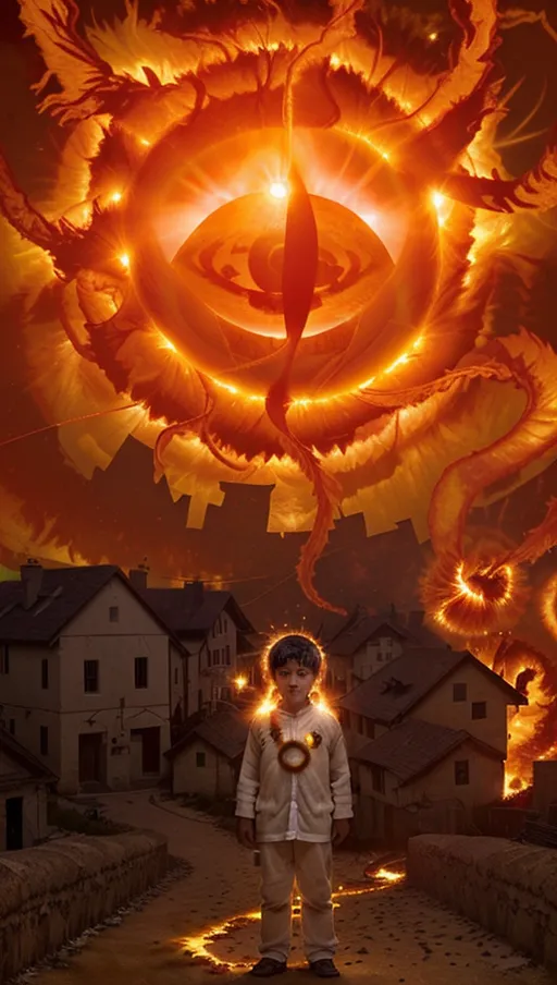 (the sun erupts with solar flares shaped like tendrils),
(The village beneath is on fire),
(A boy wearing white stares up at the eye in the sky),