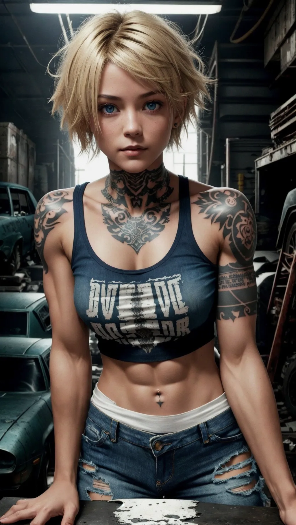 a high resolution photo of a gorgeous woman, looking at the viewer. high quality, best quality, high resolution, post-apocalyptic, post-apocalyptic environment, garage environment, garage setting, dim lighting, mood lighting, dark lighting, (hands hidden behind back), (hands hidden), (arms behind back), american, caucasian, blonde hair, short hair, messy hairstyle, tattoos, intricate tattoos, detailed skin, beautiful facial features, natural breasts, (small breasts), (thick thighs), narrow waist, slender waist, symmetrical eyes, (tattered clothing), (ripped clothing), ripped jeans, cotton t-shirt, ripped t-shirt, ((muscular)), muscular body, (happy expression), looking at viewer, (upper body shot), (upper body focus)
