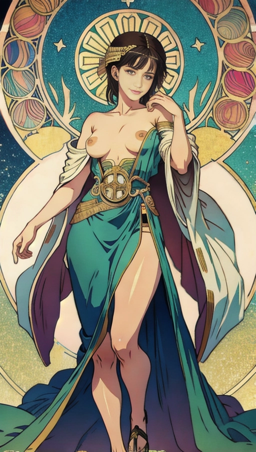 painting with (mucha artstyle) of, masterpiece,perfect edges, ultra realistic, perfect anatomy, realistic skin texture, ((full body)), woman, standing, short dark hair, highly detailed face, detailed eyes,perfect hands, medium breasts, (wearing toga), ((bare breasts))
