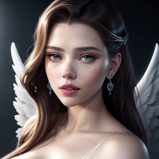 a 8k high detail photo full portrait shot, Scarlett Johanson, five slender fingers ,silky hair, Handsome face ,beautiful lips, blue eyes,curved eyebrows,curved eyelid,pale skin,satisfaction,tattoo,ultra realistic,smooth,8k,studio lighting,surreal, Angel Wings, Angelic Lighting, Love, Hope, Magic casting, Crown, Smiling, Queen, happy,