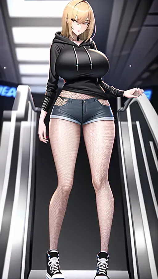 Tall woman, long legs, fully clothed, hoodie, short shorts, converse high tops, fishnet, full body, big breast, big ass, 1 Girl, solo, in a mall, on an escalator,