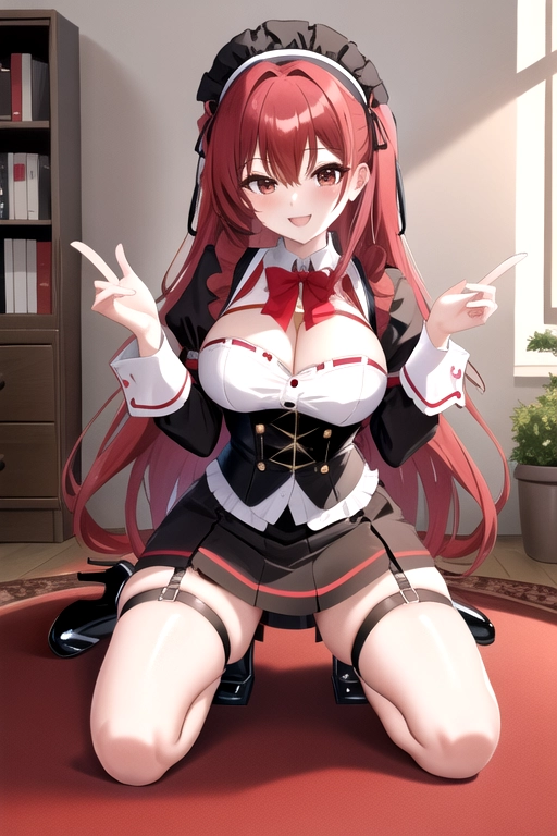 long hair, pale skin, bright red hair, brown eyes, black choker, giant H-cup breasts, wavy hair, maid uniform, smiling, full body photo, 28 years old, miniskirt, cleavage, high heels, red corset, 8k quality, red thigh high boots, in living room