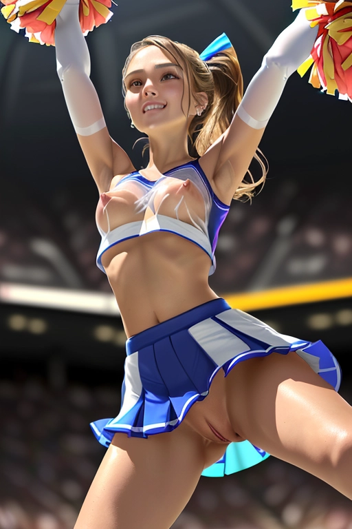 masterpiece, best quality, 64K, photorealistic, UHD, extremely detailed, color photograph of ((perfect mix of Jessica Alba and Kristina Pimenova)), gorgeous cheerleader, tanned, skinny, athletic, thigh gap, hip bones visible, perky breasts, (((flat chested), hard nipples)), tight pussy, braless, no bra, ((no panties)), extremely sheer material, (((see-thru cheerleader uniform))), short crop top, underboob visible, ((hard nipples visibly pressing on inside of top)), deeply scooped neckline, (breasts visible thru top), low waist skirt, extremely short (see-thru skirt), skirt slit to waist, (pussy visible thru skirt), ponytail, ponytail hair, smiling, eager to please, highly detailed face, (show full body), low angle view, (upskirt view of pussy),
ultra realistic, hyper realistic