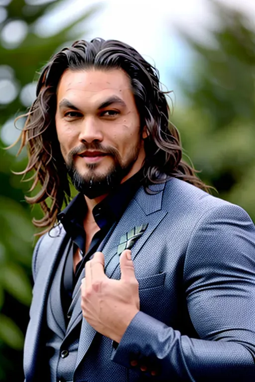 Jason Momoa, waving his hand, smiling, friendly, wearing suit