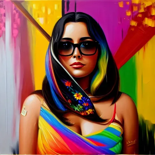 oil painting thick brush,fair hair,black dark glasses,colorful background