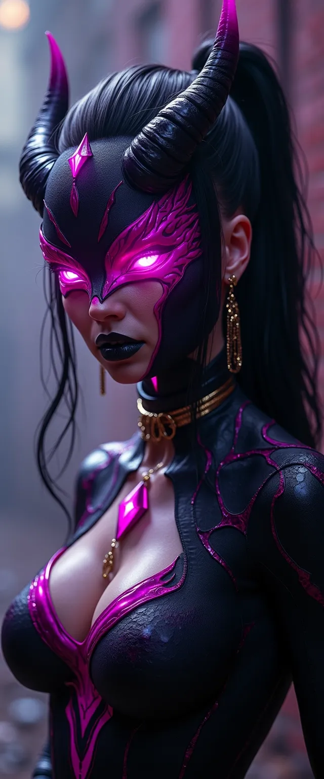 best quality, (((ultra high res))), (((big choker))), jewelry, (conjuring), witch, ((((black lipstick)))), ((black long sleeves)), ((purple glowing)), (((demon mark))), ((pink luminescence)), (((symbiote girl))), ((((((very long slicked back hair)))))), (((black spikes))), ((((symbiote corruption)))), ((((skintight symbiote goo suit covers the whole body)))), (((((huge cameltoe))))), (((dark hair))), (((((corrupted symbiote face with glowing eyes))))), (((((symbiote face))))), (succubus horns), (((hourglass body))), (((neckholder suit))), ((face closeup)), ((((symbiote girl)))), single ponytail, (((pasties))), (((pink diamond Diadem))), (golden necklace)