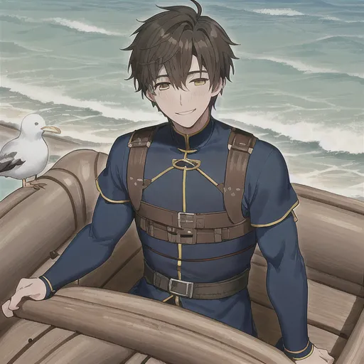cute_guy, shy_man, blush_man, blush, anime_style, (smile), ((young_man)), pretty_face, (darkbrown_hair), short_hair, male, ((pretty_hands)), ((detailed_hands)), medieval_outfit, yellow_brown_eyes, (blue_outfit), adventurer_outfit, sitting_at_raft, (raft), boat, ocean, sun, seagull