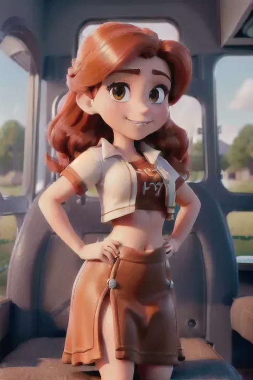 photo,gorgeous redhead , soccer coach , sitting on an activity bus , ((cropped t-shirt))((showing underside of breasts)) ((bare midriff )),updo hairstyle,coy smile,charming face,beautiful lips, (sexually aroused),curved eyebrows,cosy,8k,arched back, small breasts , sexually excited, symmetrical eyes,(((low on the hips micro miniskirt)))(((reveals pubic mound))), ((showing pussy)),