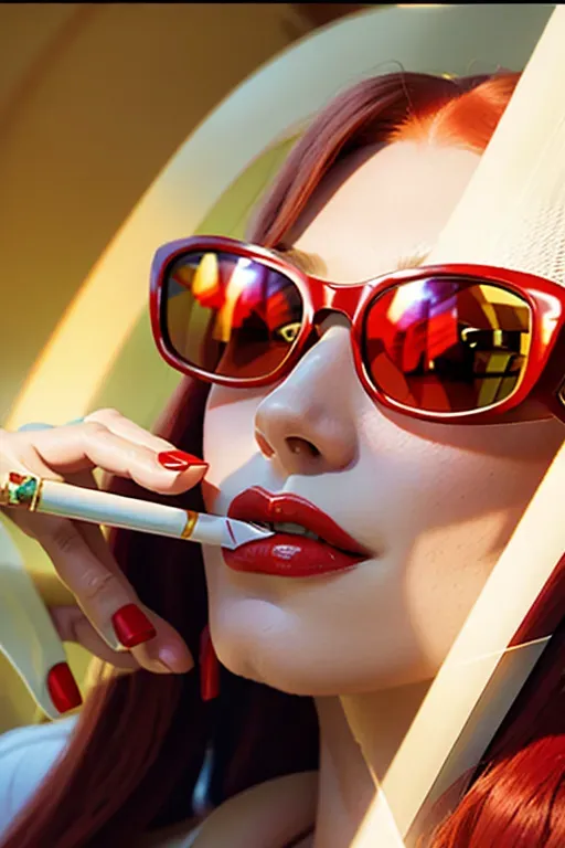 Very pretty woman with long red hair wearing sunglasses and she has a white cigarette with a tan filter between her pale red lips, realistic photograph, indoor shadowy lighting