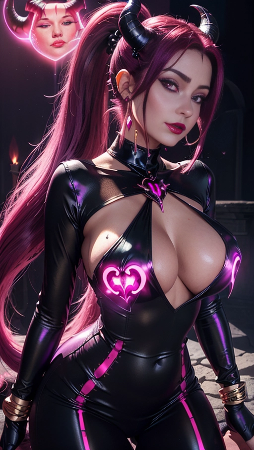 best quality, (((ultra high res))), (((detailed face and eyes))), (perfect face), big shining heart choker, earrings, jewelry, (((big glowing succubus mark))), ((((big glowing succubus bodymark)))), (((conjuring))), (witch), ((long voluminous hair)), (((black gloves))), ((pink hair)), straight hair, (((golden bracelet))), ((single ponytail)), (((huge hair cuff))), ((skintight neckholder dress with low neckline)), ((face closeup)), purple, (burgundy red lipstick), (((neckholder top with low neckline))), ((((demon tail)))), ((long sleeves)), ((purple glowing heart)), (((cameltoe)))