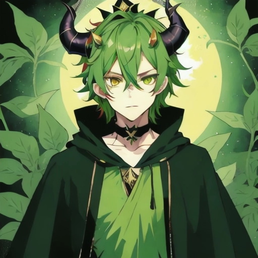 green teenager ,cute chibi style, teen titans, plant alien skin, green grey skintone , hooded warlock druid robes on, Androgynous plant person crown of flowers, flowers on horns growing out of horns, green plant person, strange yellow eyes, green alien flesh, strange costume, venus flytrap costume design, shaggy medium length handsome hairstyle hair, black cloak with green leaf cape, muted expression, plant nature powers, vines, flowers horns on head, ,mushrooms around, in deep forest jungle area background,yellow golden eyes ,solo ,green leafy leaf cape, sun themed collar choker , dragon spiral horns on head coming out of head 2 horns, plant tail, masterpiece