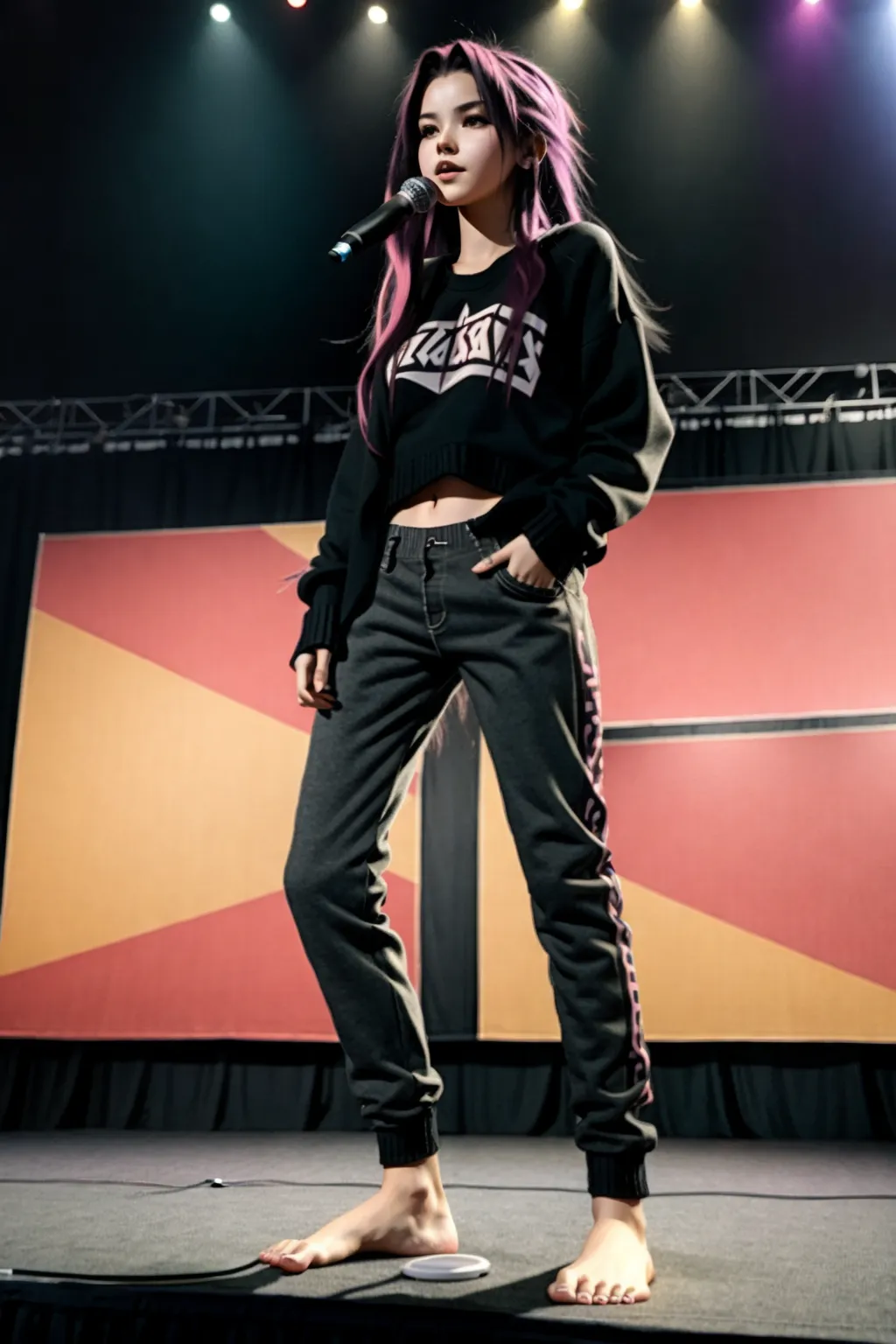 full-body image of a young hot barefoot punk girl with an angular face and long hair wearing casual pants and a long open sweater while on stage at a public convention panel in front of a crowd of fans, sexy feet,