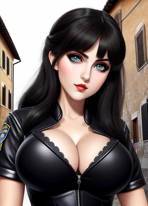 Cute Italian girl, simple grunge makeup, pale colored eyes, big wide doe eyes, smirk, black hair, big lips, high riding huge boobs, gigantic tits, police woman uniform, photorealistic, best quality, ultra high resolution