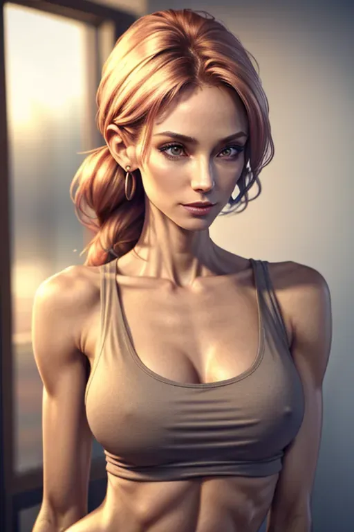 Skinny_petite_girl, loose_tank_top, side_boob, perfect_body, small_boobs, perfect_anatomy, pushing_hair_behind_ear, detailed_eyes, detailed_face, detailed_body, ultra_realistic, high_quality, 8k