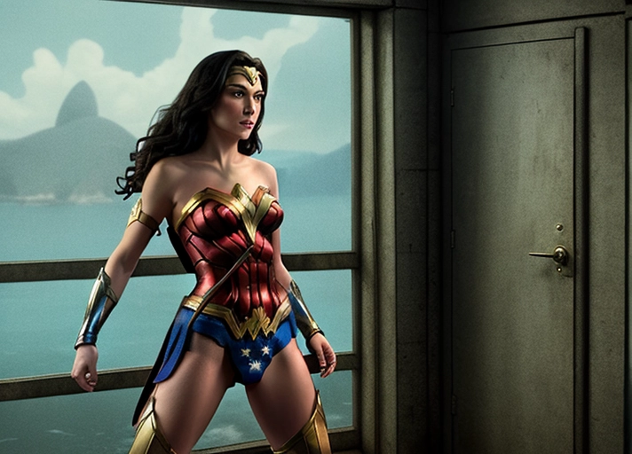 Wonder Woman inside a prison cell taking off her bikini bottom